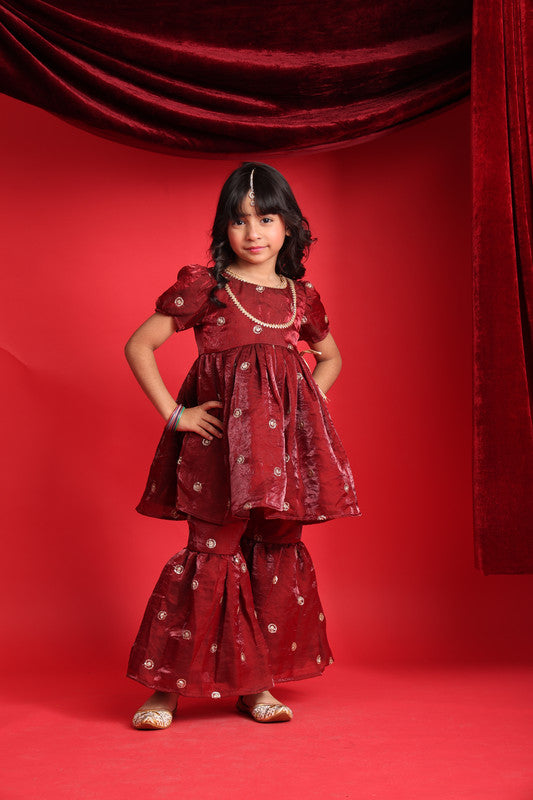 Maroon Embroidered Peplum Kurti with Sharara - alternate
