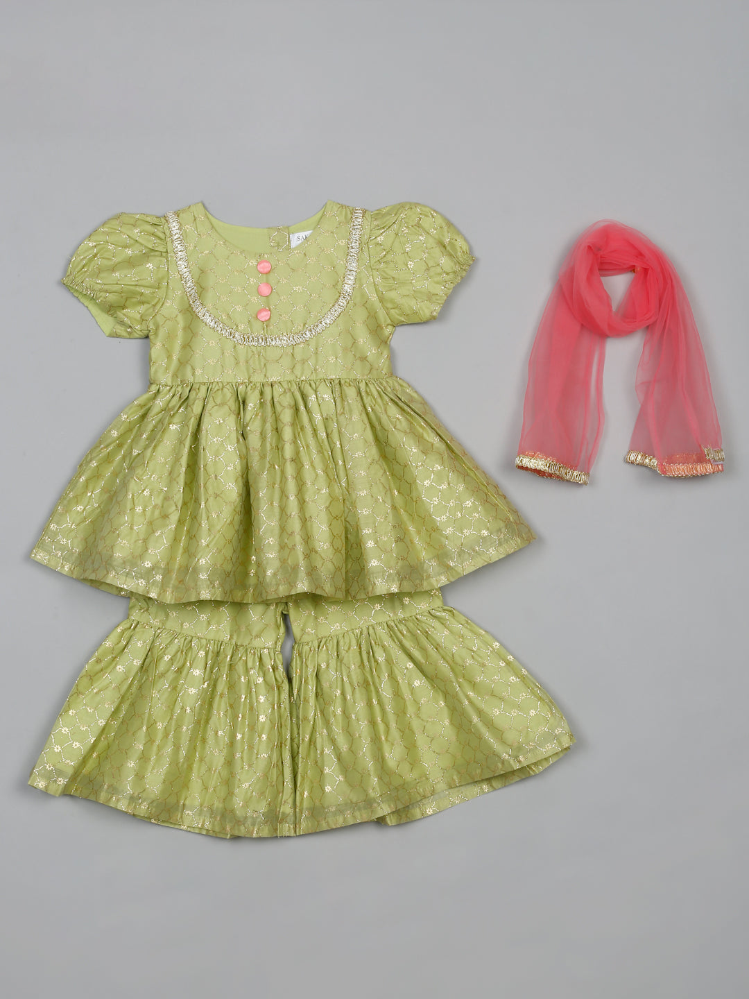 saka-designs-foil-printed-kurta-sharara-with-dupatta-for-girls-green