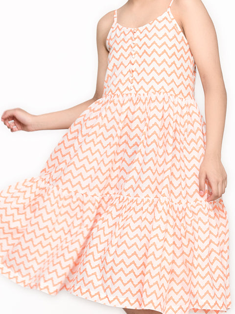 Saka Designs Orange & White Girl's Knee Length Dress