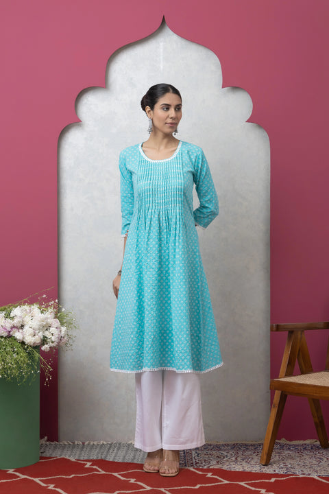 Blue & White Cotton Printed Kurta