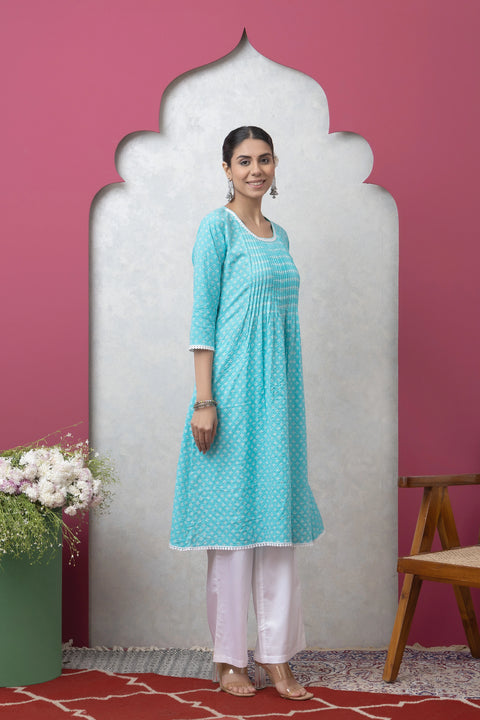 Blue & White Cotton Printed Kurta
