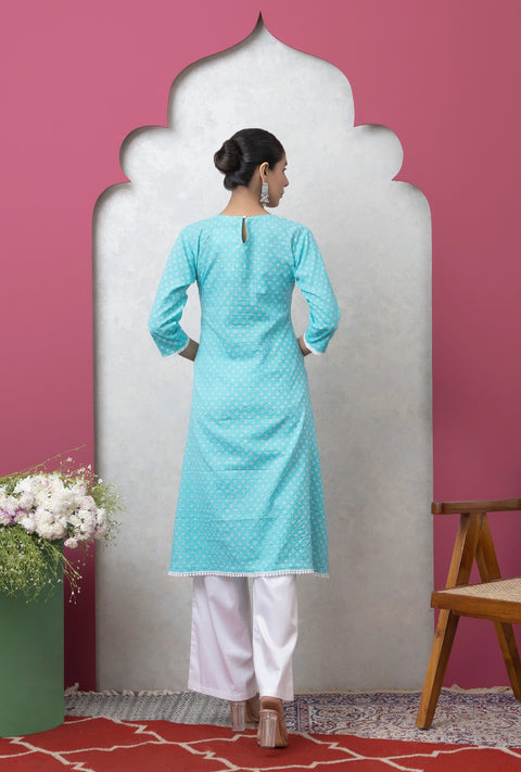 Blue & White Cotton Printed Kurta