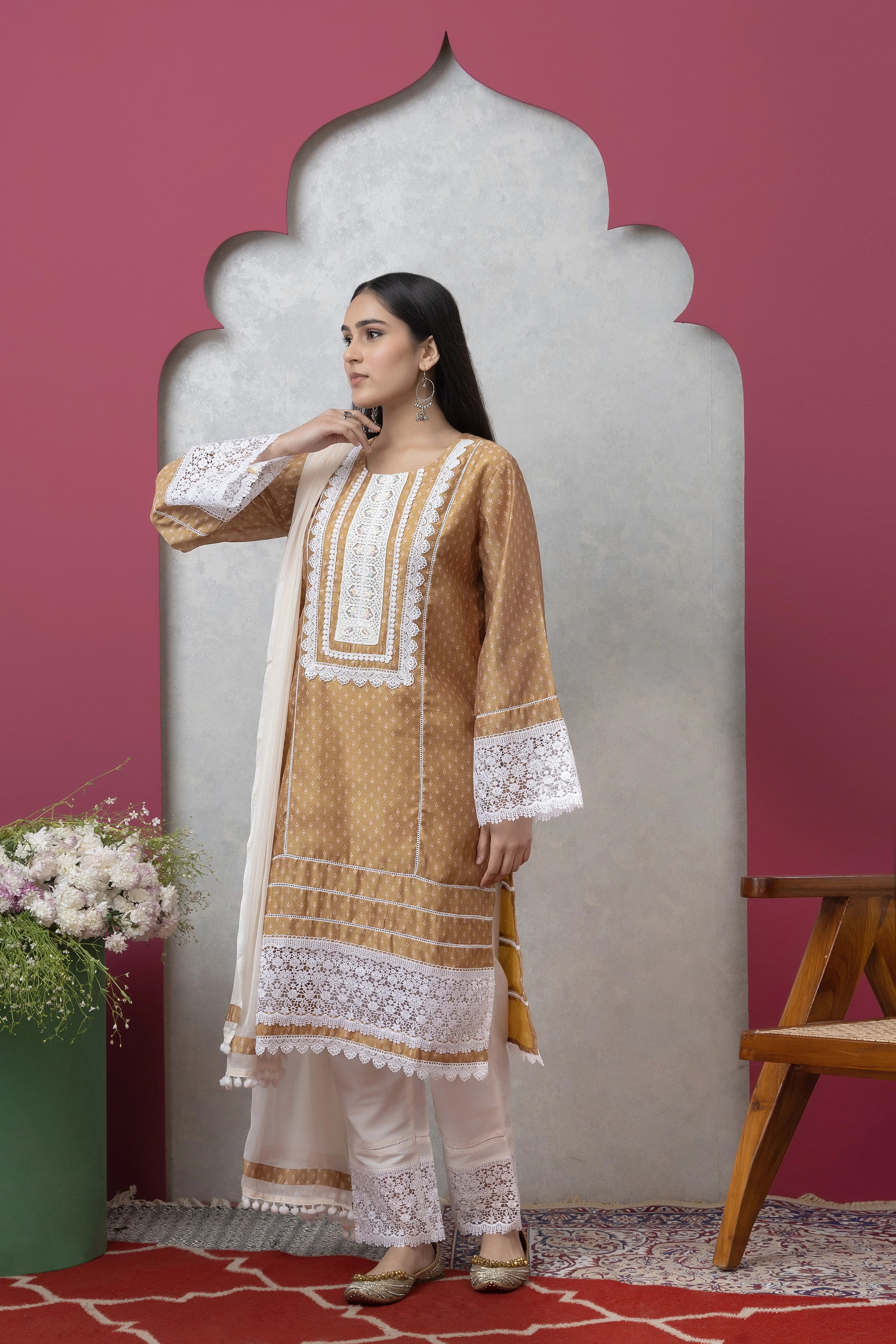 SAKA DESIGNS Brown Mandira Neck Poly Chanderi Kurta Set with Cotton Trousers & Dupatta for Women