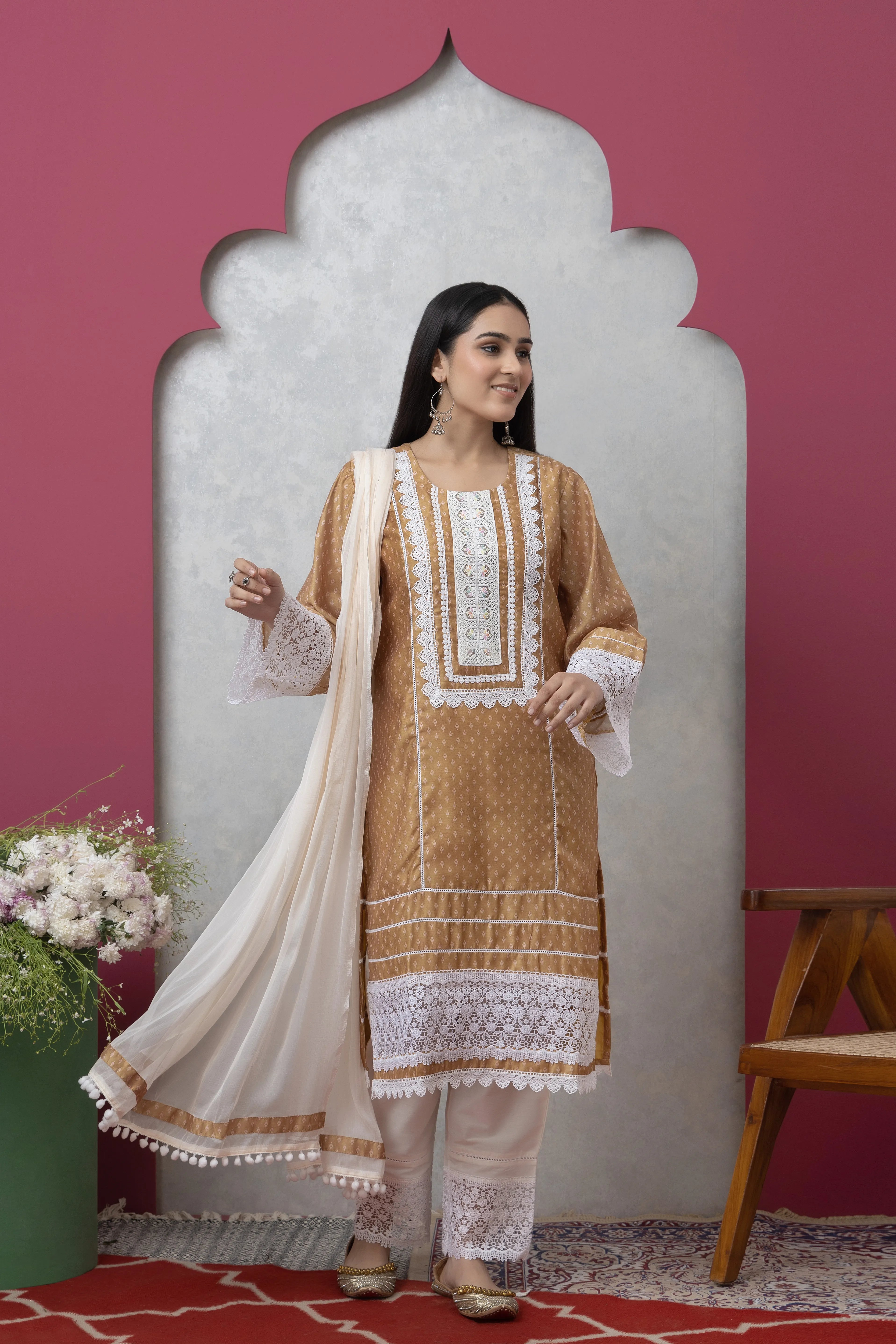 SAKA DESIGNS Brown Mandira Neck Poly Chanderi Kurta Set with Cotton Trousers & Dupatta for Women