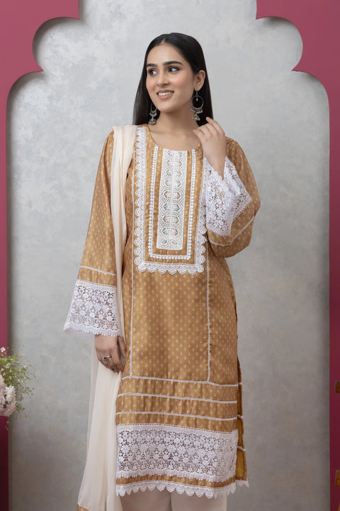 SAKA DESIGNS Brown Mandira Neck Poly Chanderi Kurta Set with Cotton Trousers & Dupatta for Women