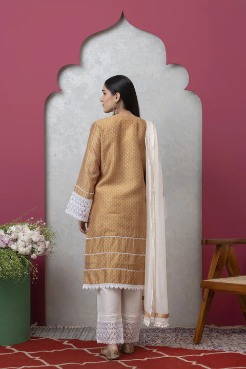 SAKA DESIGNS Brown Mandira Neck Poly Chanderi Kurta Set with Cotton Trousers & Dupatta for Women