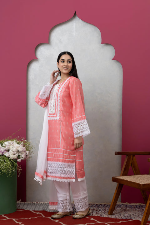 SAKA DESIGNS Peach Mandira Neck Poly Chanderi Kurta Set with Cotton Trousers & Dupatta for Women