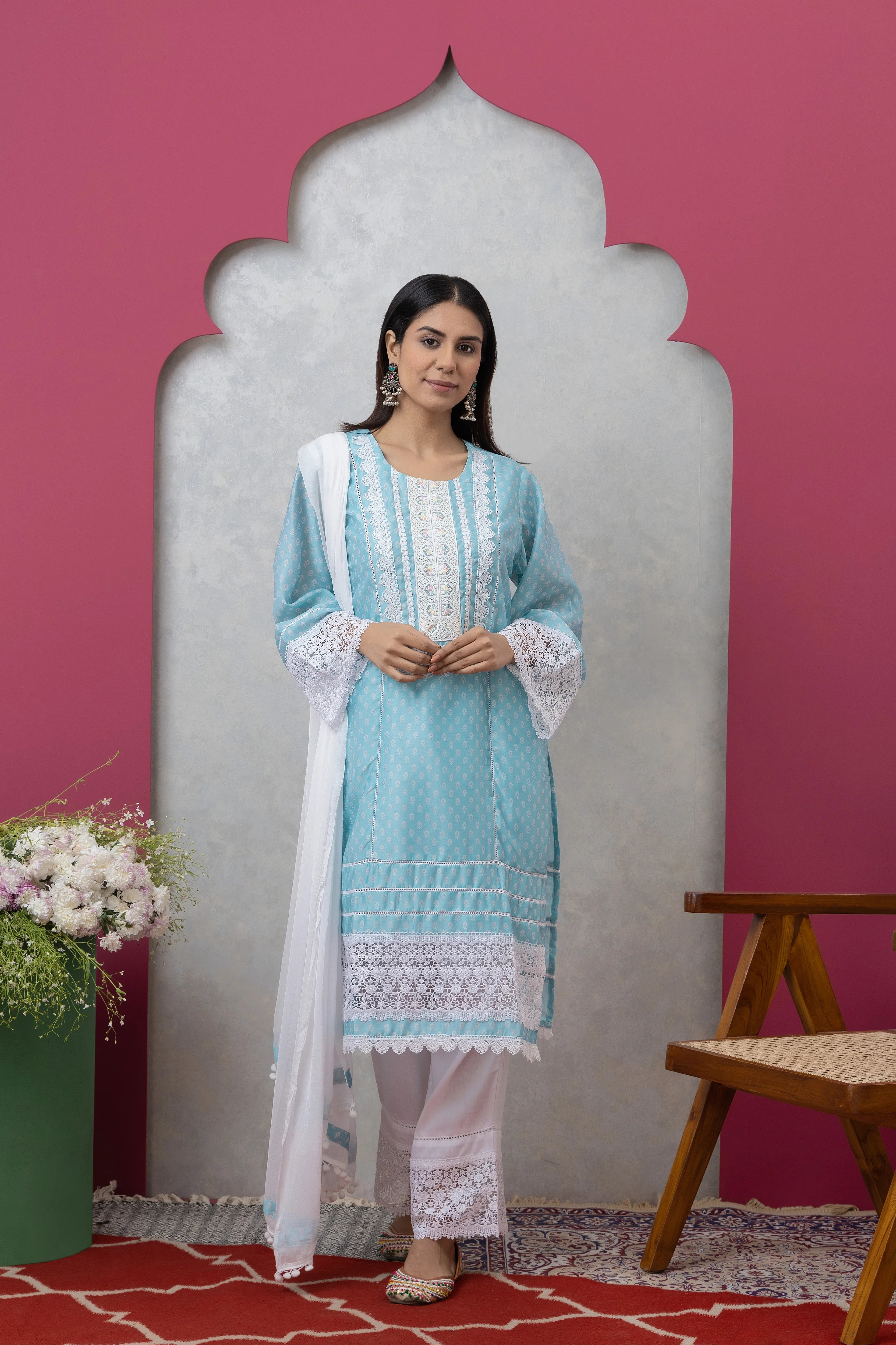 SAKA DESIGNS Sky Blue Mandira Neck Poly Chanderi Kurta Set with Cotton Trousers & Dupatta for Women