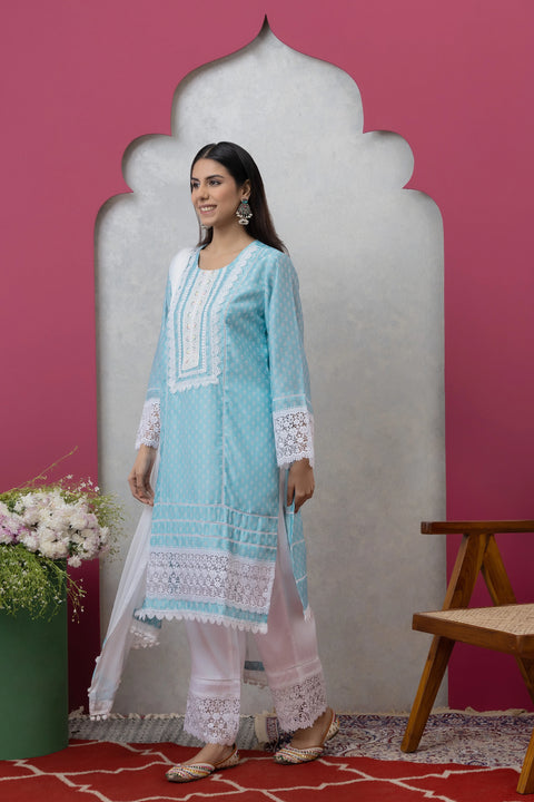 SAKA DESIGNS Sky Blue Mandira Neck Poly Chanderi Kurta Set with Cotton Trousers & Dupatta for Women