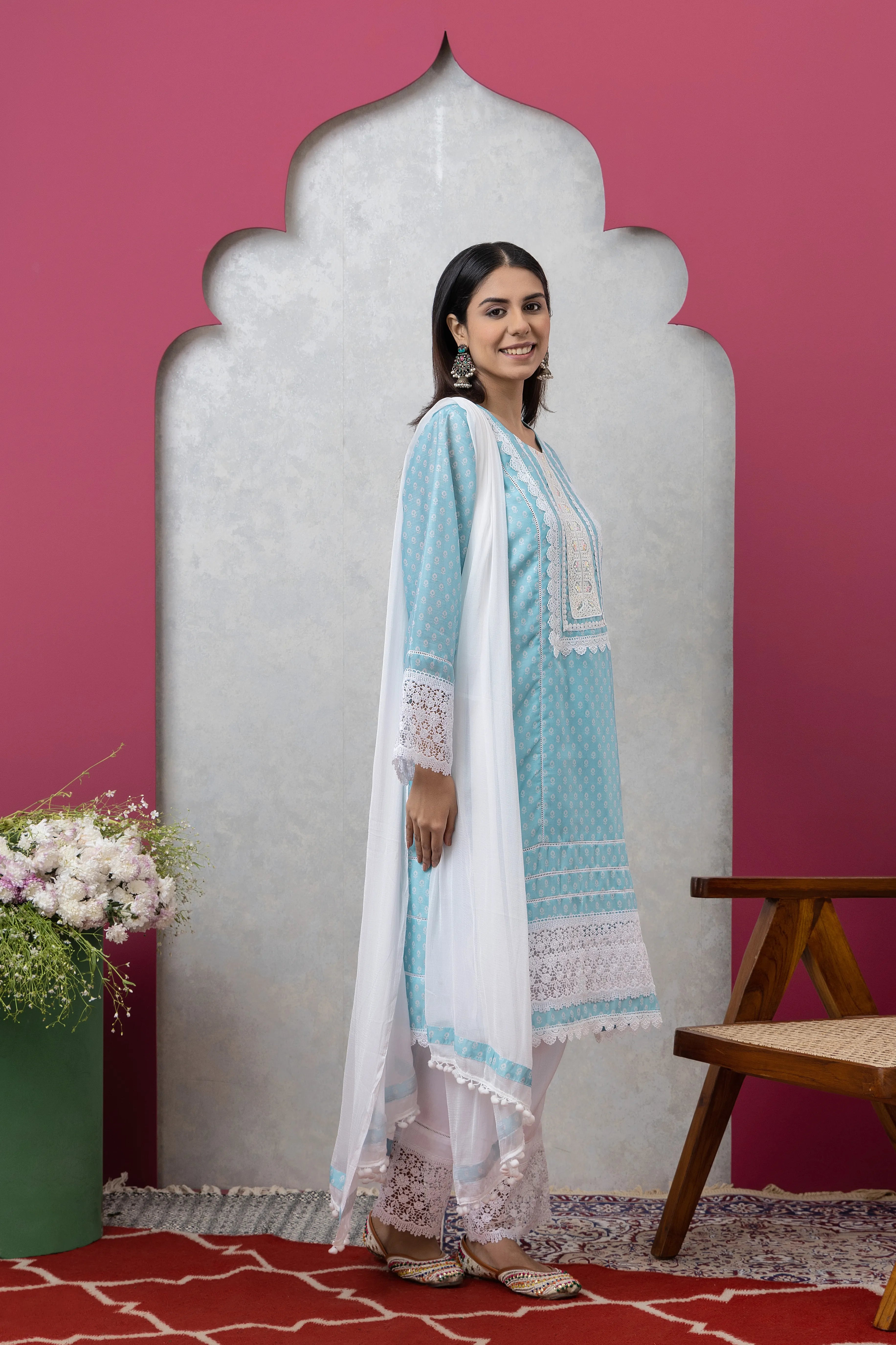SAKA DESIGNS Sky Blue Mandira Neck Poly Chanderi Kurta Set with Cotton Trousers & Dupatta for Women