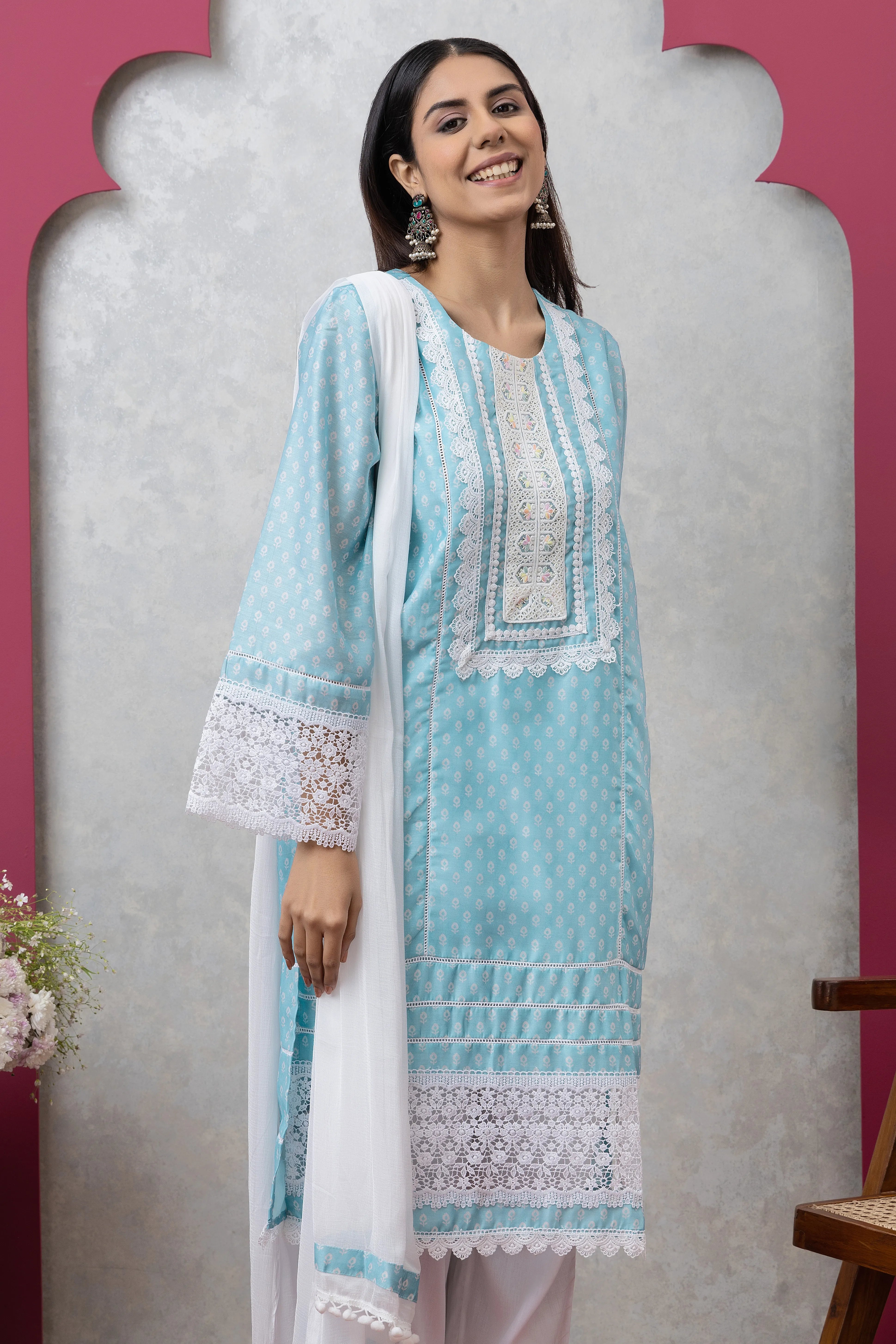 SAKA DESIGNS Sky Blue Mandira Neck Poly Chanderi Kurta Set with Cotton Trousers & Dupatta for Women