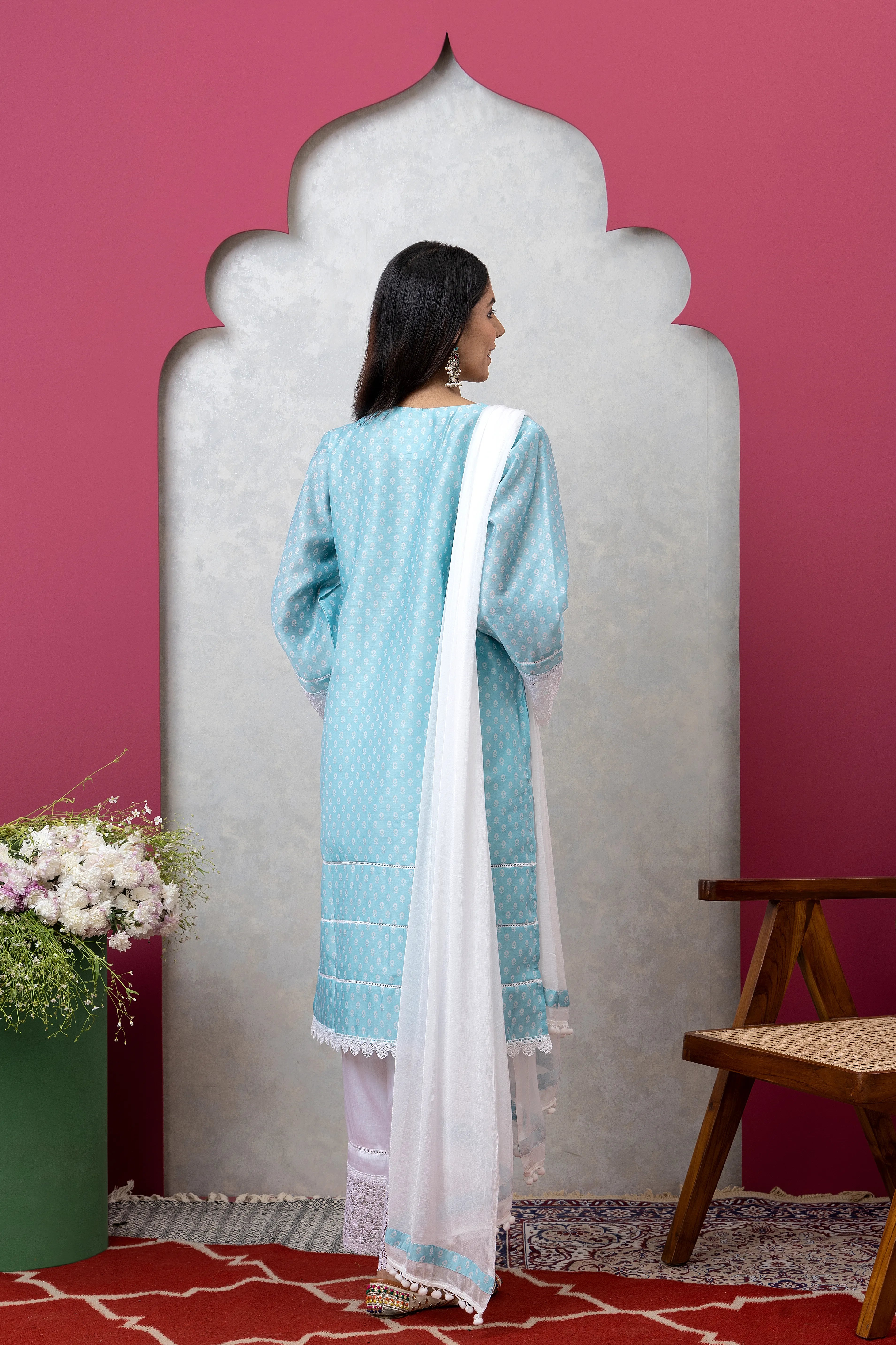 SAKA DESIGNS Sky Blue Mandira Neck Poly Chanderi Kurta Set with Cotton Trousers & Dupatta for Women