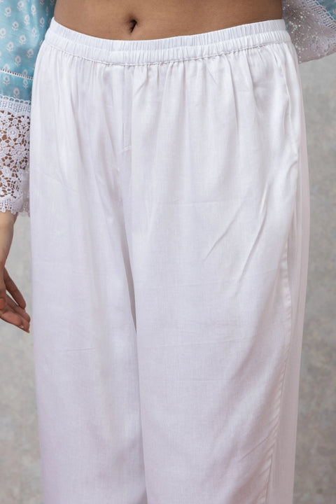 SAKA DESIGNS Sky Blue Mandira Neck Poly Chanderi Kurta Set with Cotton Trousers & Dupatta for Women