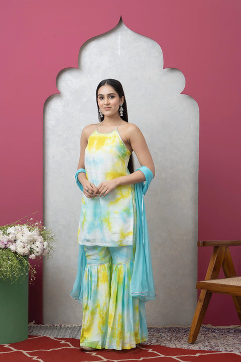SAKA DESIGNS Yellow & Blue Tie-Dye Sleeveless Kurta and Sharara Set with Dupatta for Women