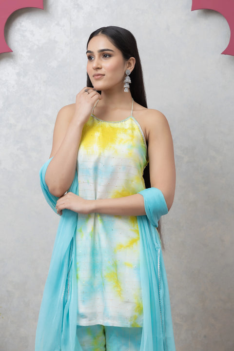 SAKA DESIGNS Yellow & Blue Tie-Dye Sleeveless Kurta and Sharara Set with Dupatta for Women
