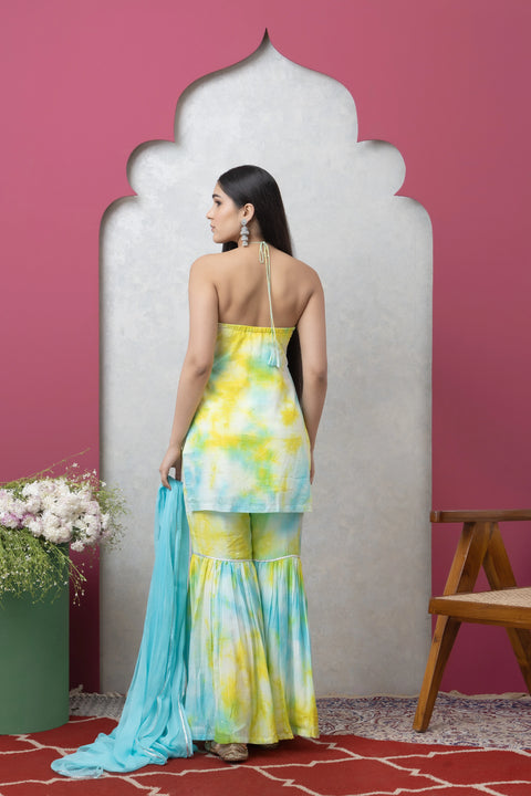 SAKA DESIGNS Yellow & Blue Tie-Dye Sleeveless Kurta and Sharara Set with Dupatta for Women