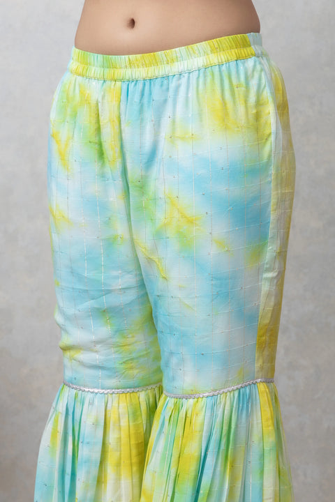 SAKA DESIGNS Yellow & Blue Tie-Dye Sleeveless Kurta and Sharara Set with Dupatta for Women