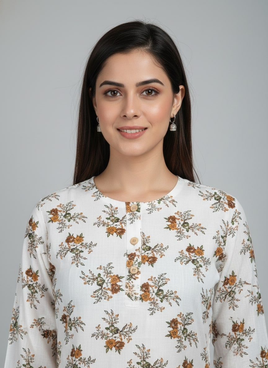 Saka Designs Rayon Printed 3/4 Sleeves Straight Kurti - White