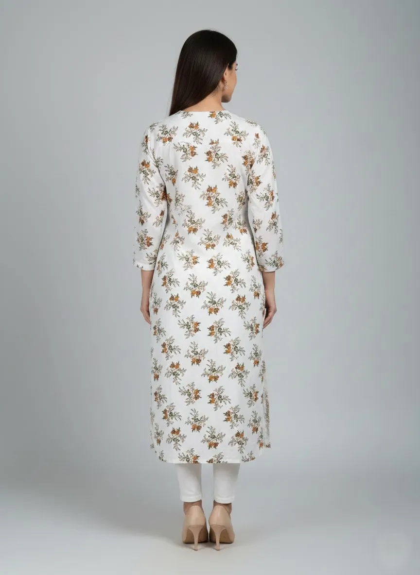 Saka Designs Rayon Printed 3/4 Sleeves Straight Kurti - White