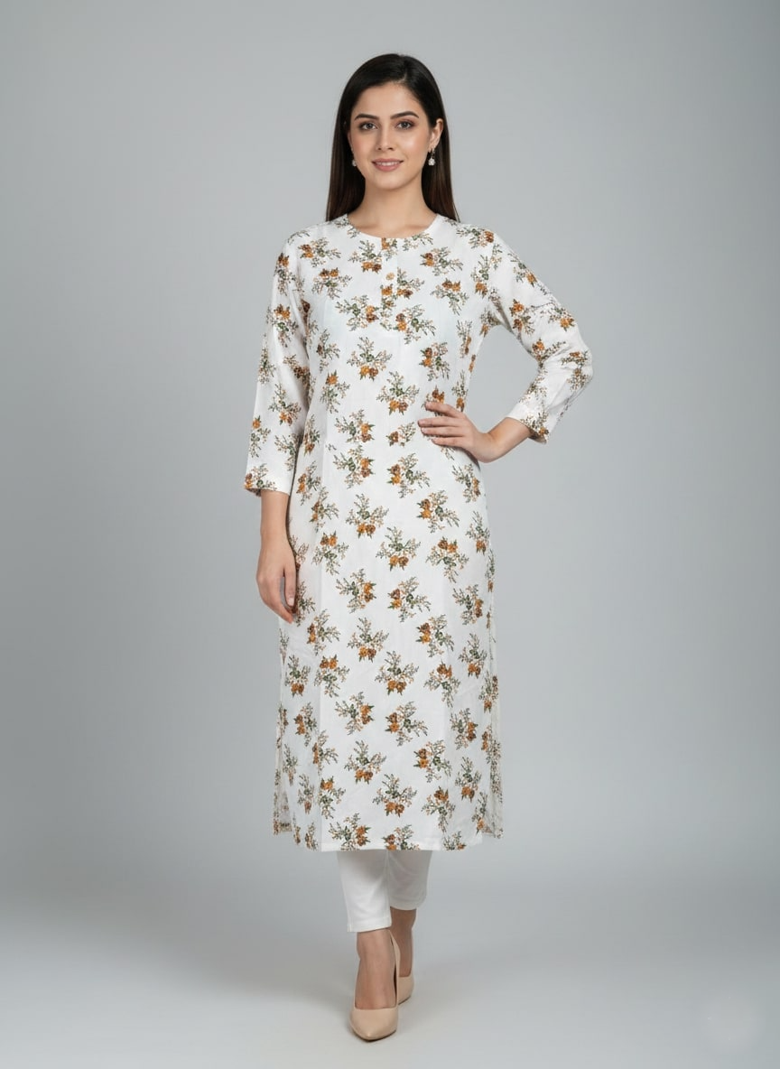 Saka Designs Rayon Printed 3/4 Sleeves Straight Kurti - White