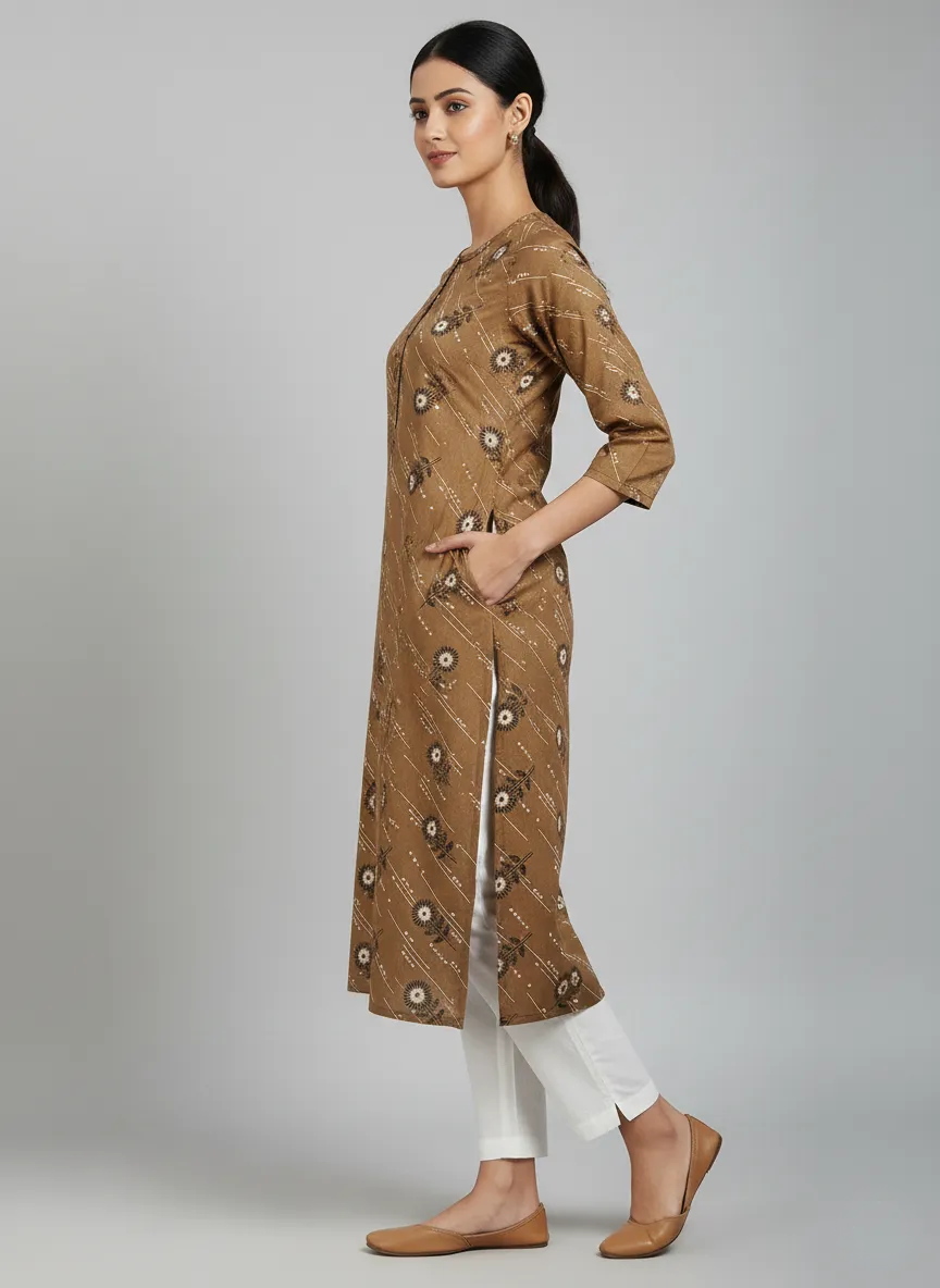 Printed 3/4 Sleeves Straight Kurti - Brown