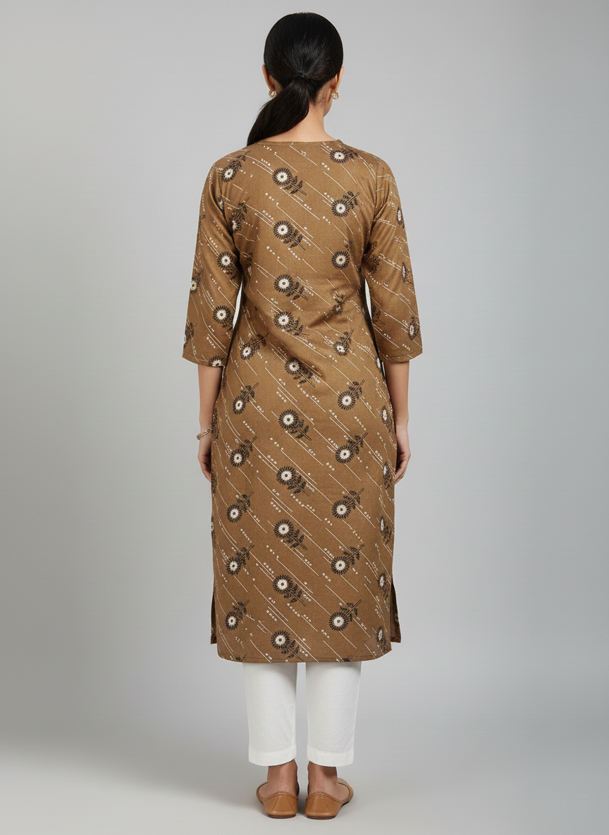 Printed 3/4 Sleeves Straight Kurti - Brown