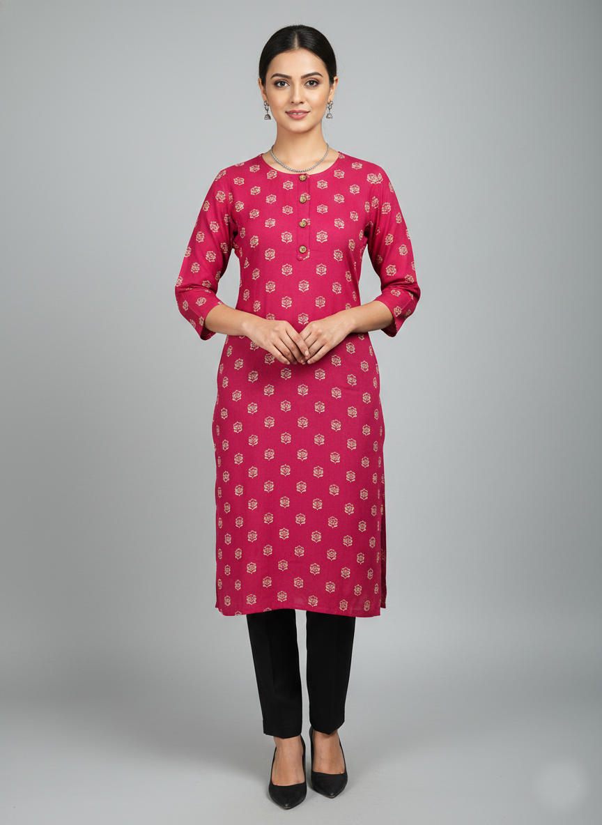Printed 3/4 Sleeves Straight Kurti - Magenta