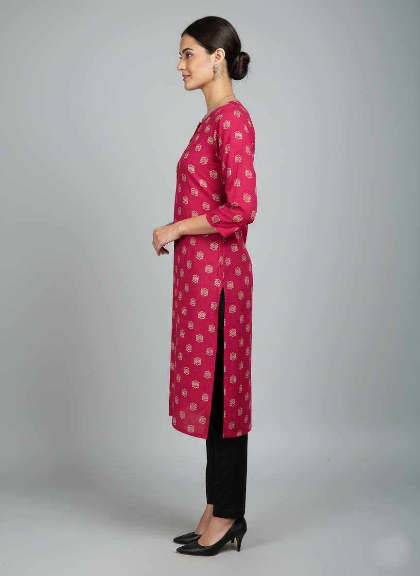 Printed 3/4 Sleeves Straight Kurti - Magenta