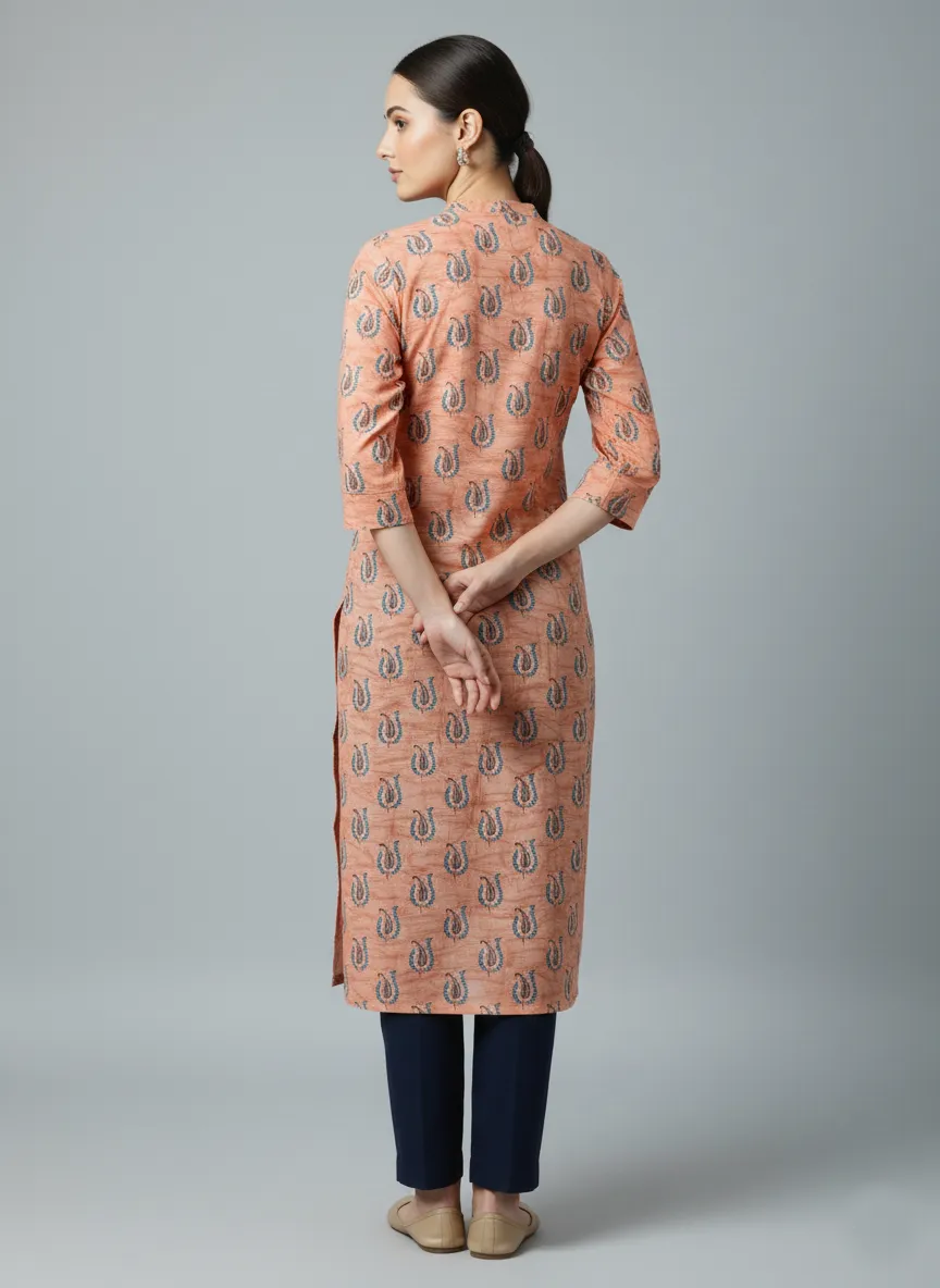 Printed 3/4 Sleeves Straight Kurti - Peach