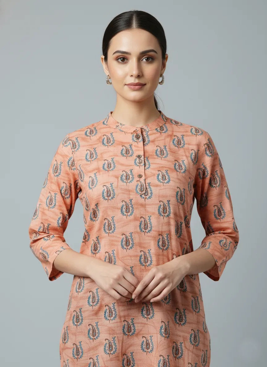 Printed 3/4 Sleeves Straight Kurti - Peach