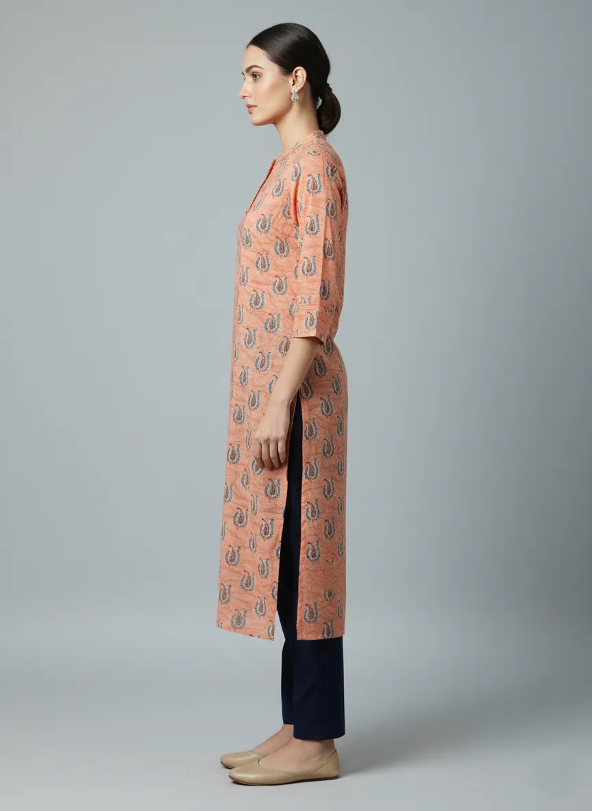 Printed 3/4 Sleeves Straight Kurti - Peach