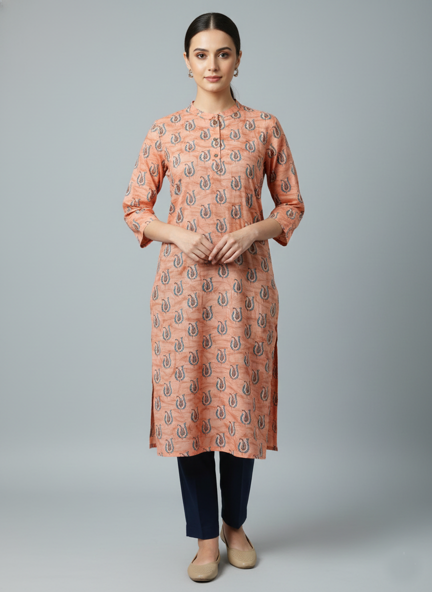 Saka Designs Rayon Printed 3/4 Sleeves Straight Kurti - Peach