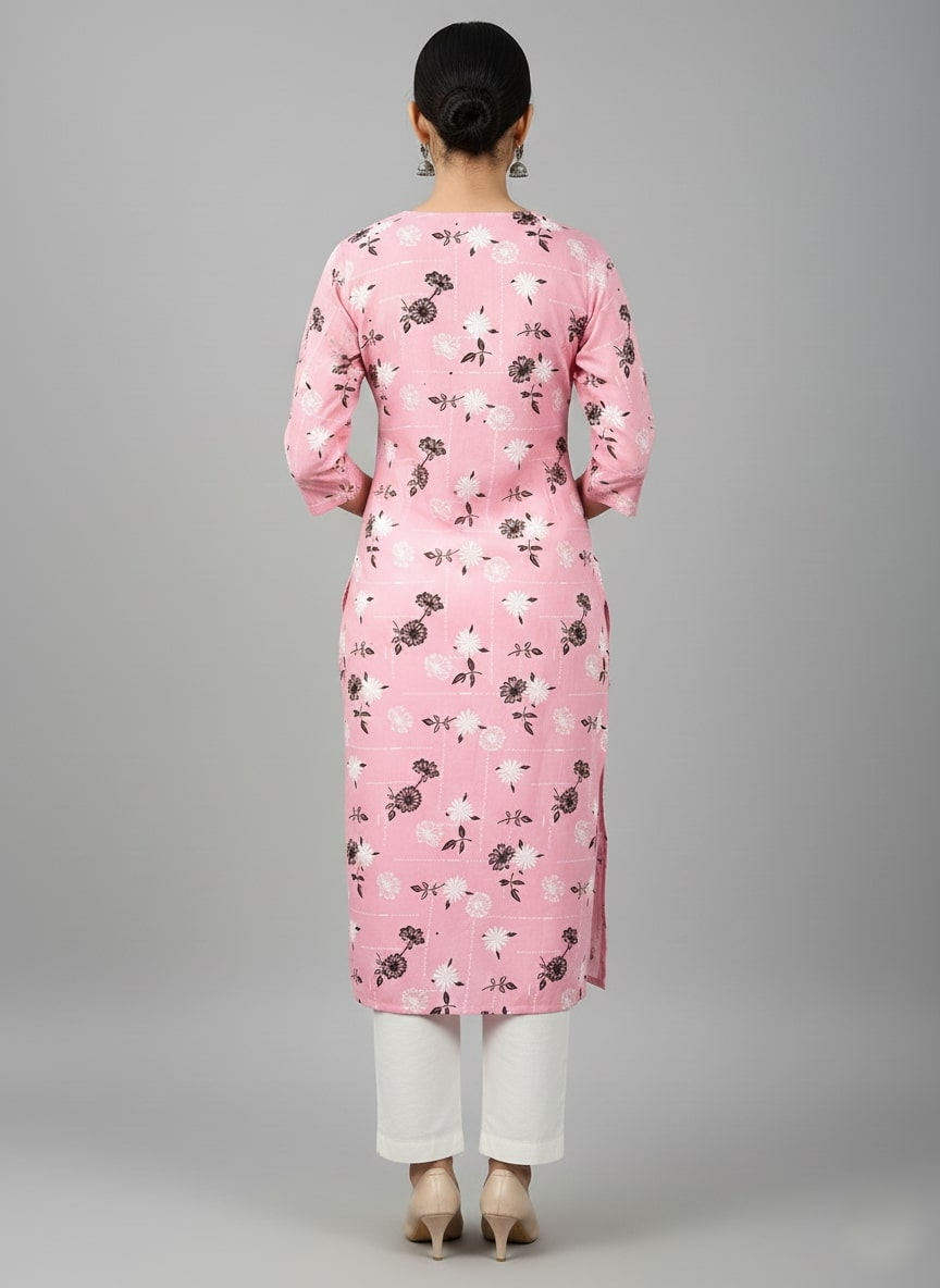 Printed 3/4 Sleeves Straight Kurti - Pink