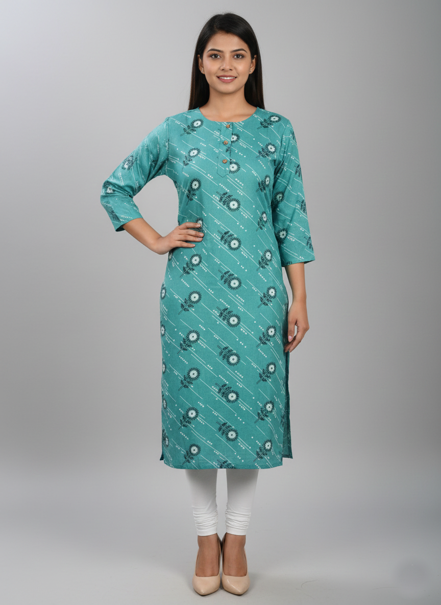 Printed 3/4 Sleeves Straight Kurti - Teal Blue