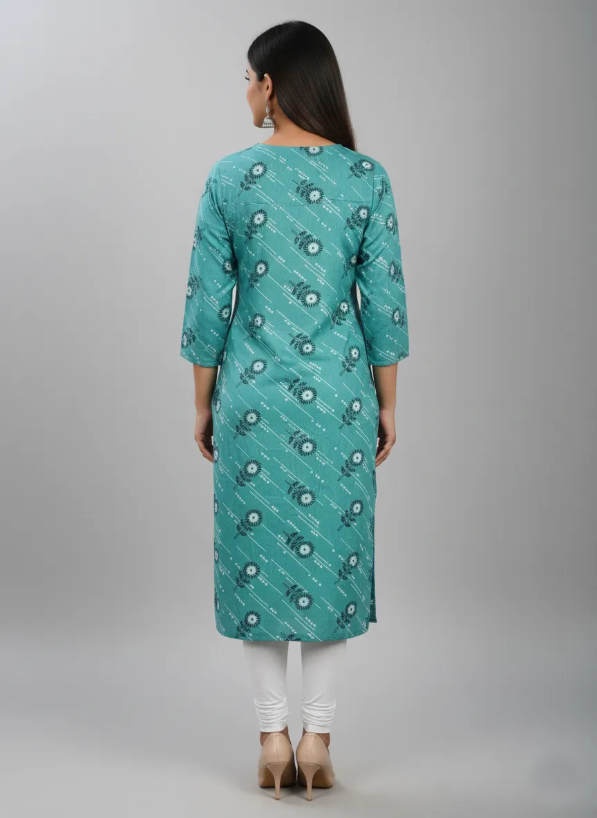 Printed 3/4 Sleeves Straight Kurti - Teal Blue