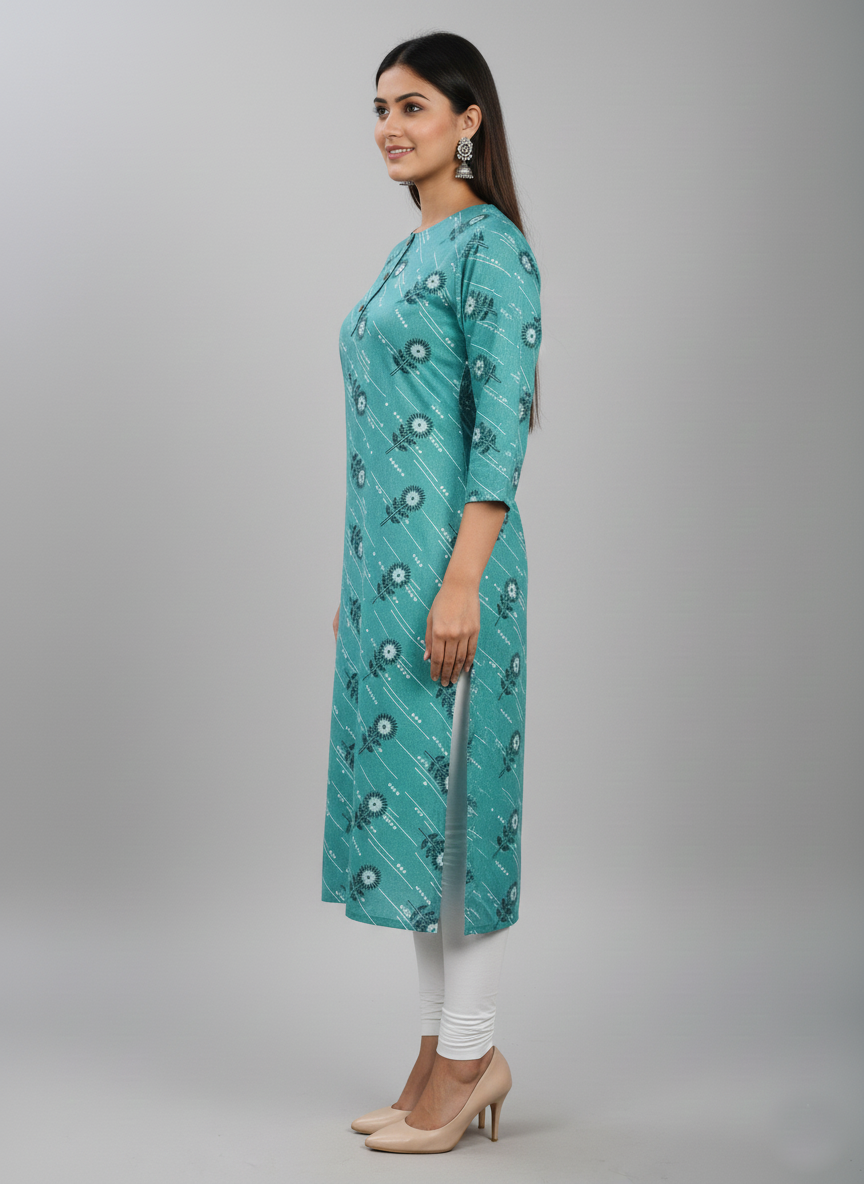 Printed 3/4 Sleeves Straight Kurti - Teal Blue