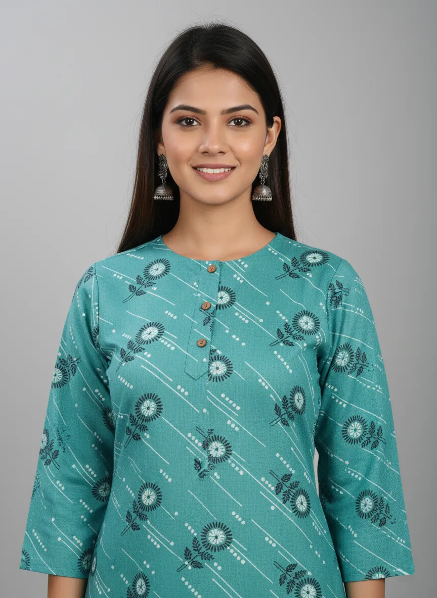 Saka Designs Rayon Printed 3/4 Sleeves Straight Kurti - Teal Blue
