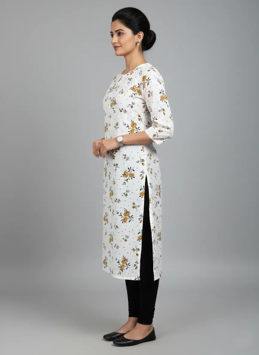 Printed 3/4 Sleeves Straight Kurti - White