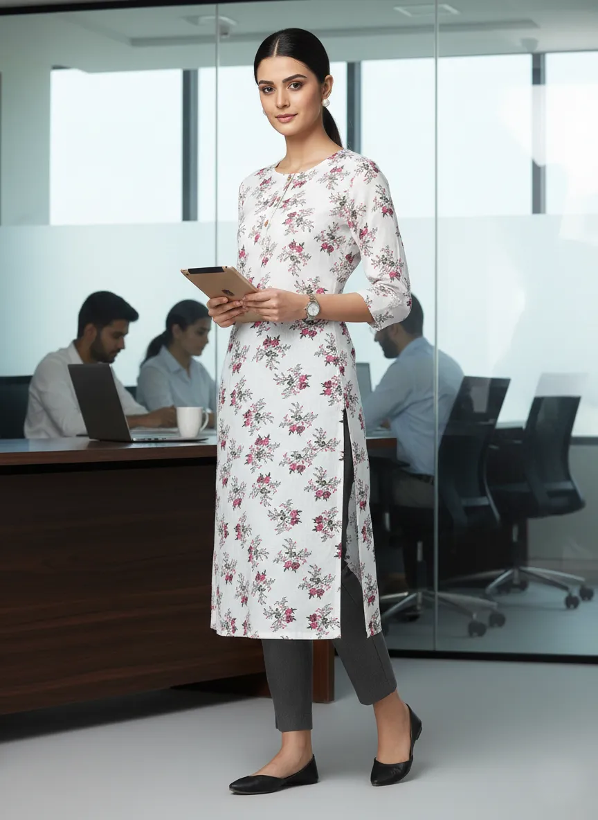 Saka Designs Rayon Printed 3/4 Sleeves Straight Kurti - White