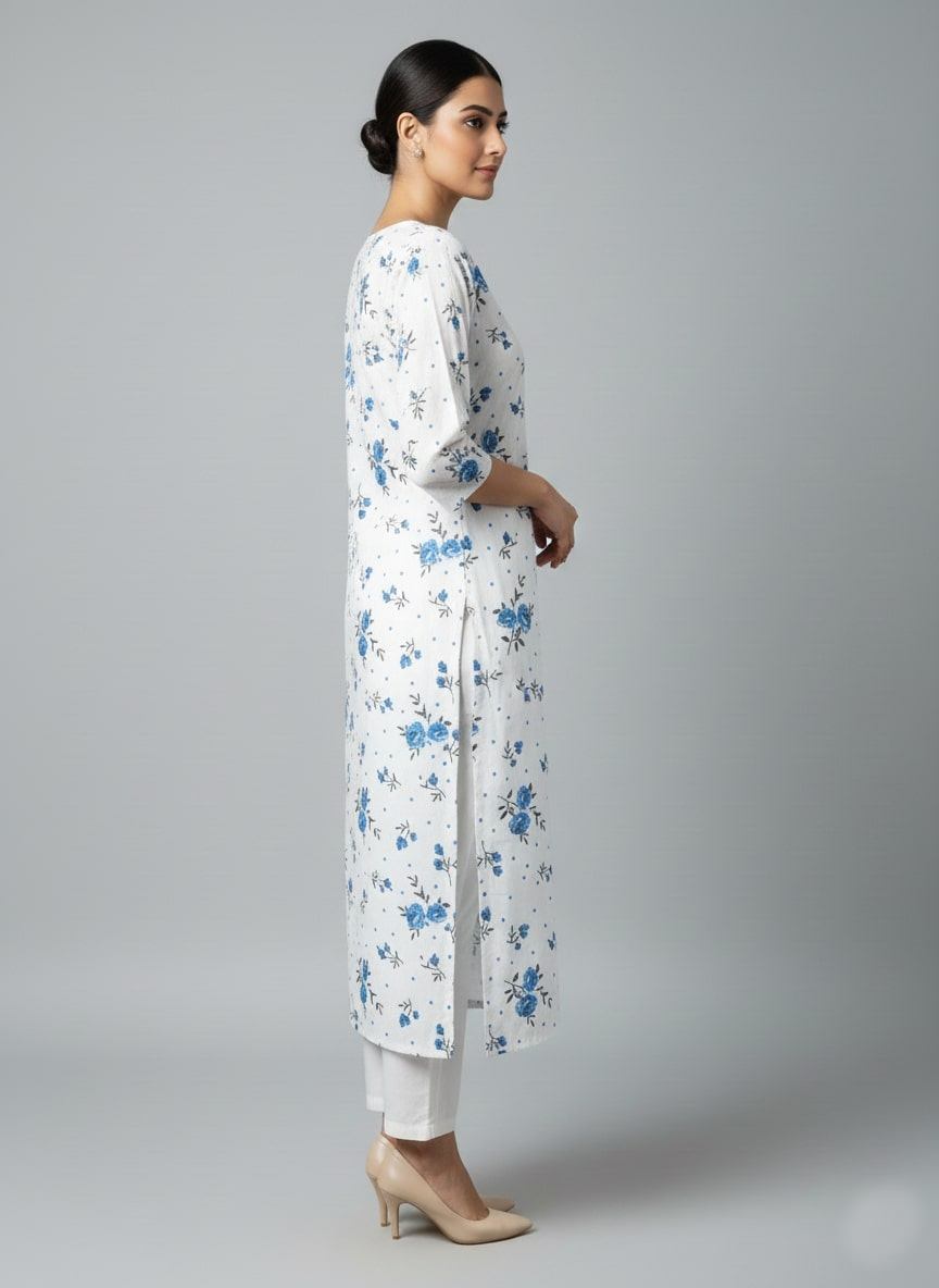 Printed 3/4 Sleeves Straight Kurti - White