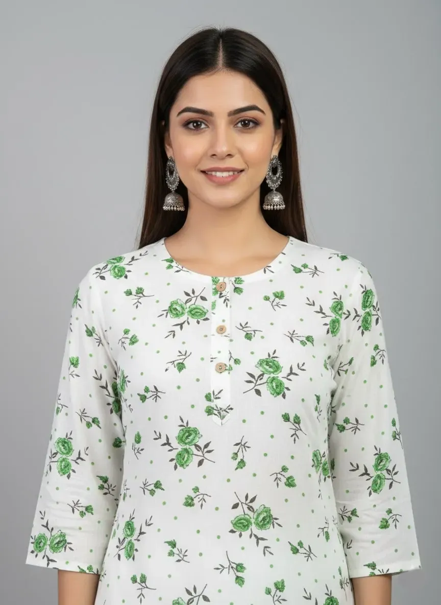 Saka Designs Printed 3/4 Sleeves Straight Kurti - White
