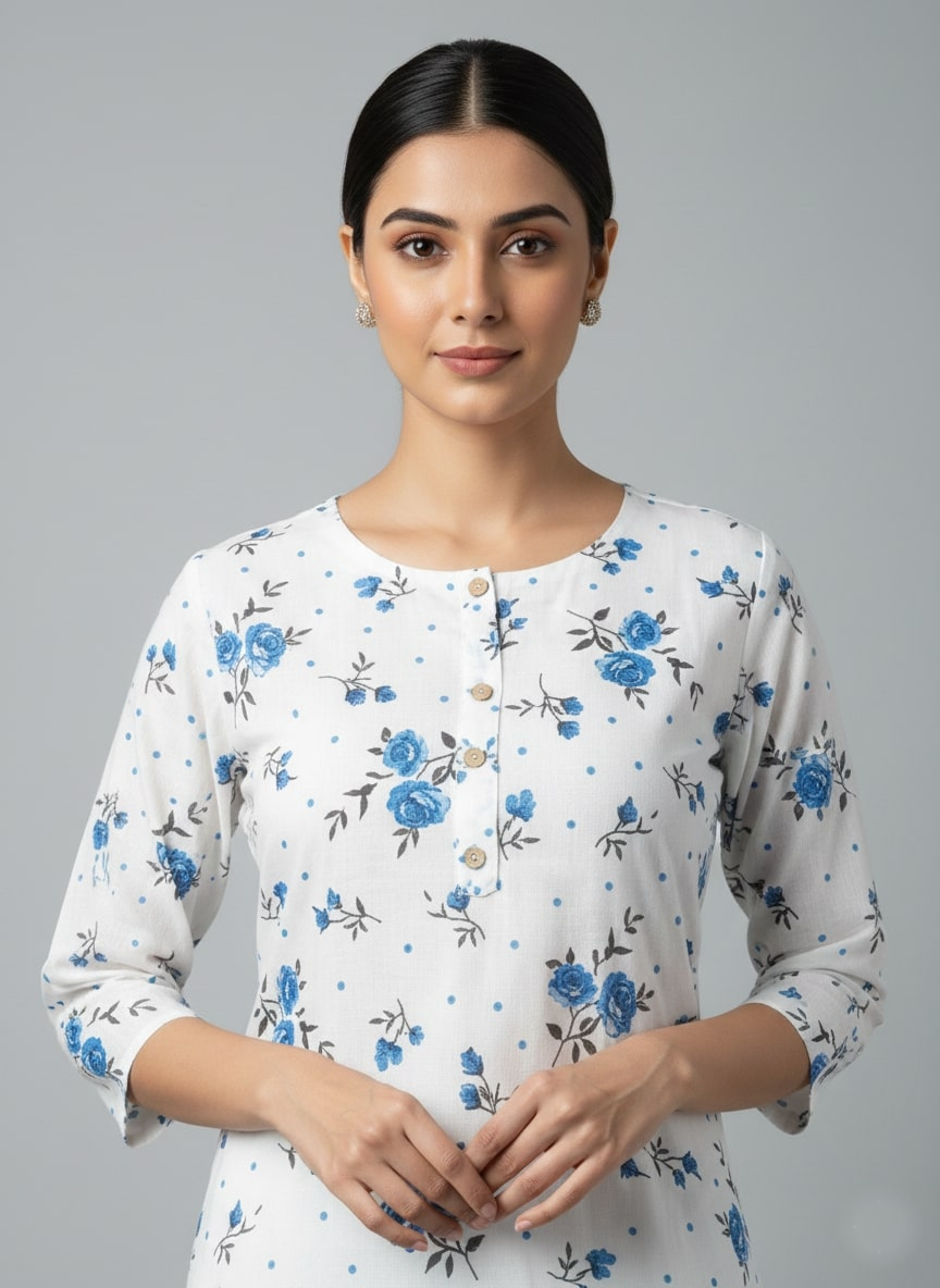 Printed 3/4 Sleeves Straight Kurti - White