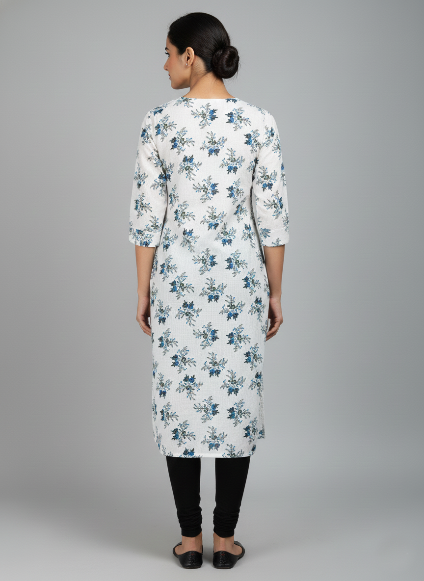 Printed 3/4 Sleeves Straight Kurti - White