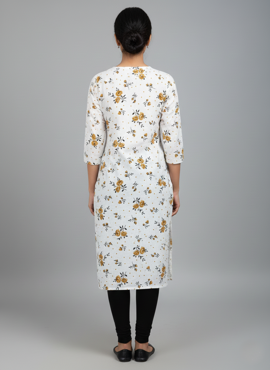 Printed 3/4 Sleeves Straight Kurti - White