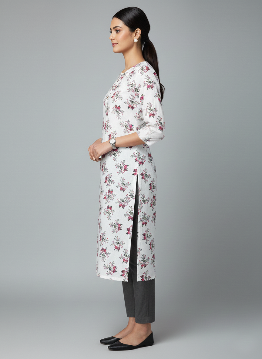 Printed 3/4 Sleeves Straight Kurti - White