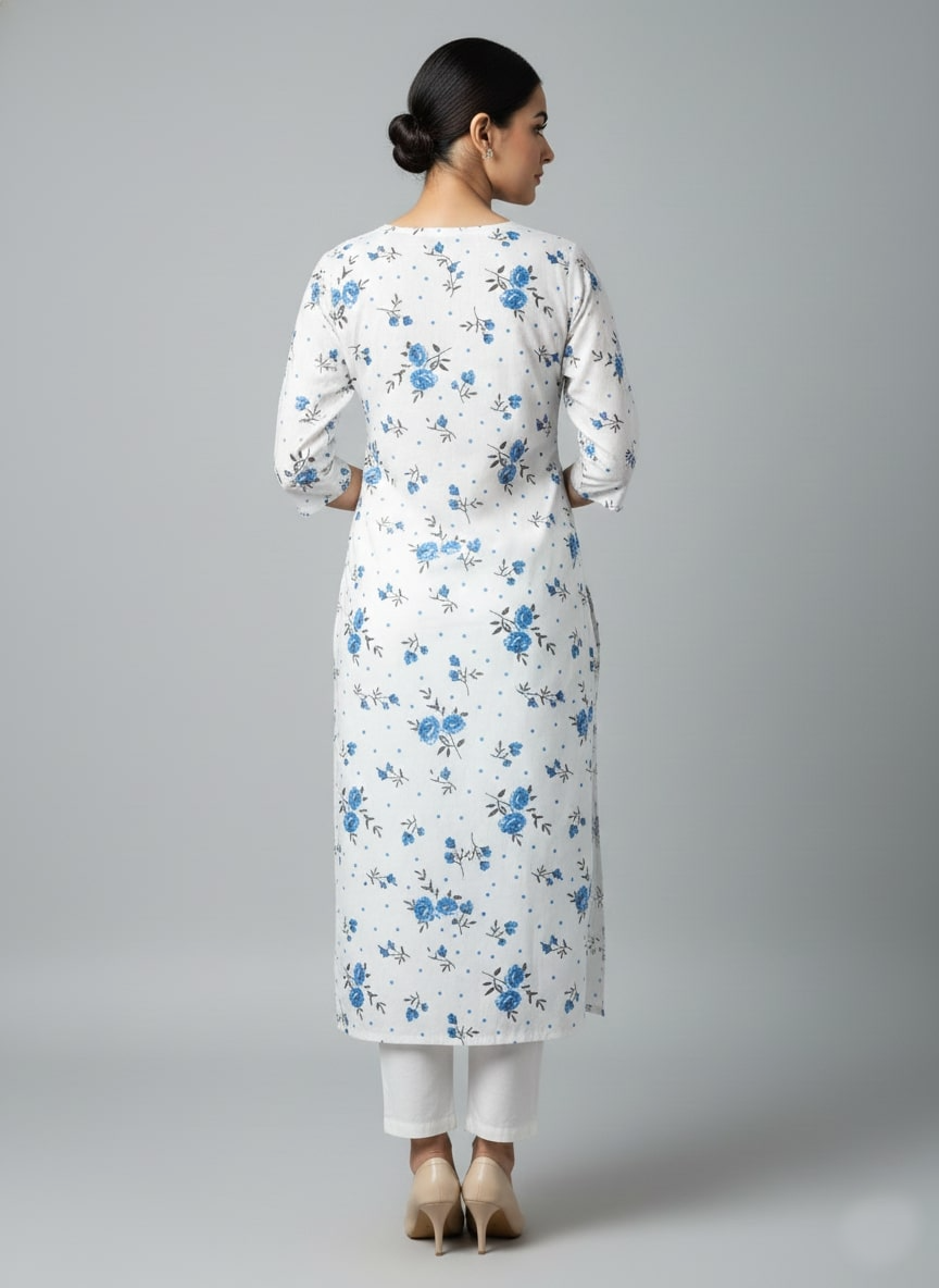 Printed 3/4 Sleeves Straight Kurti - White