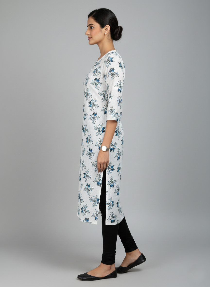Printed 3/4 Sleeves Straight Kurti - White