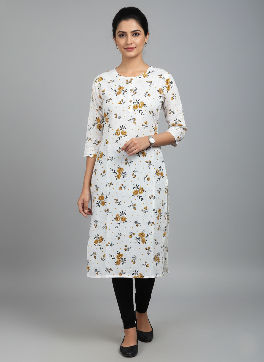 Saka Designs Rayon Printed 3/4 Sleeves Straight Kurti - White