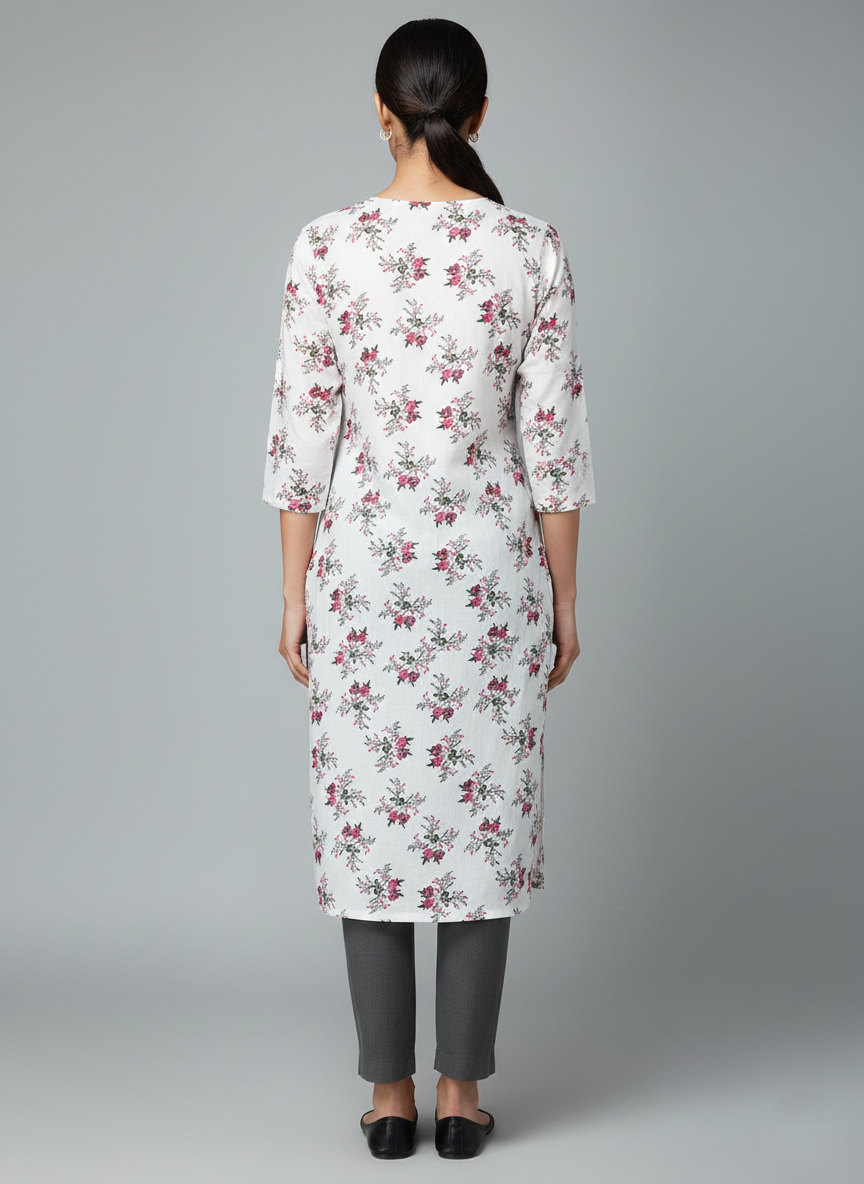 Printed 3/4 Sleeves Straight Kurti - White