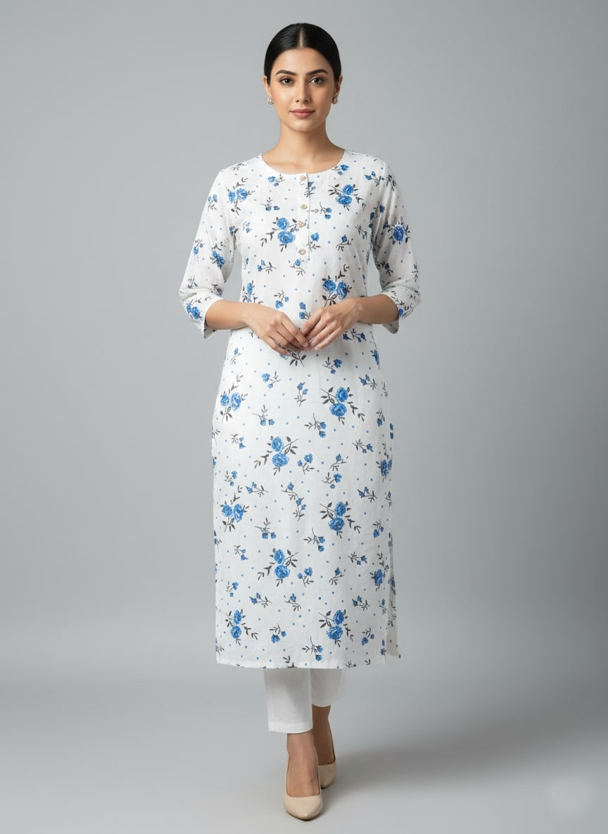 Saka Designs Rayon Printed 3/4 Sleeves Straight Kurti - White